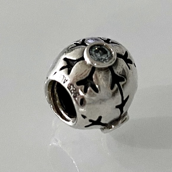 Authentic Pandora ~ Retired Sterling Silver Snowflake Charm w. Aqua CZ Stone. - Picture 2 of 3